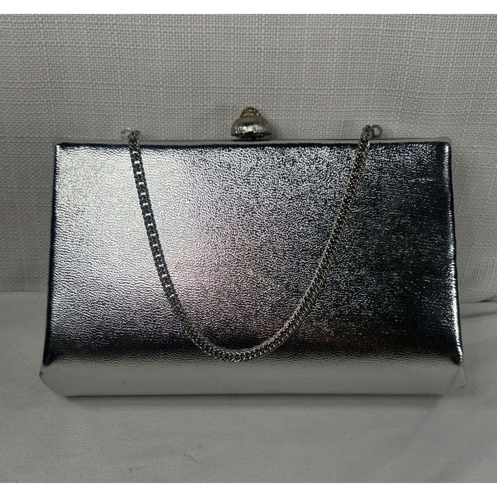 Vintage HL USA Silver Metallic Textured Evening Clutch Bag Rhinestone Clasp
